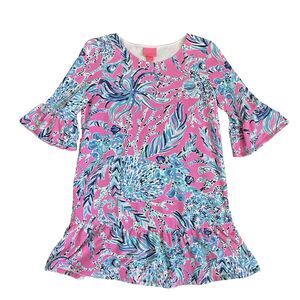 Lilly Pulitzer Girls Sorrento Dress Kids XL Mandevilla Pink Bell Sleeve Tropical